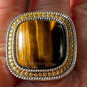 Big beautiful tiger eye sterling silver snd gold plate square ring size 7